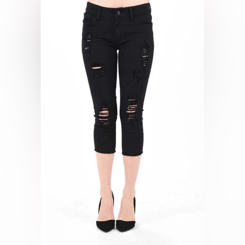Angel Kiss Black Distressed Cuffed Ankle Denim Capri Jeans